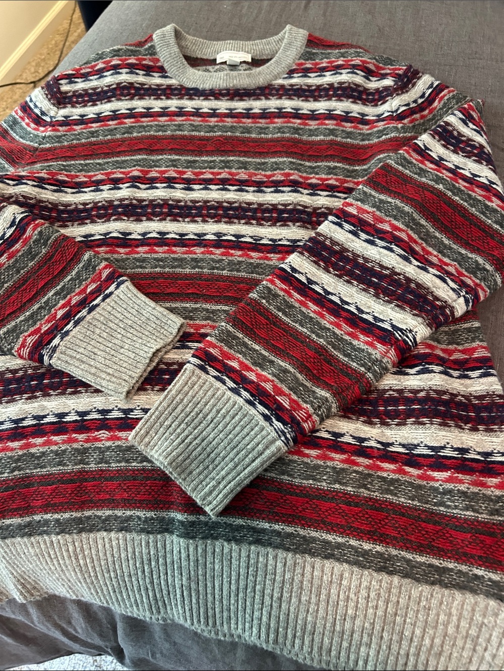GAP Men's Fair Isle Crewneck Sweater in Red, Gray & Navy